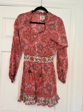 Alicia Bell Alicia Bell Pink Floral Print Tassel Mini Dress XS Boho Cotton